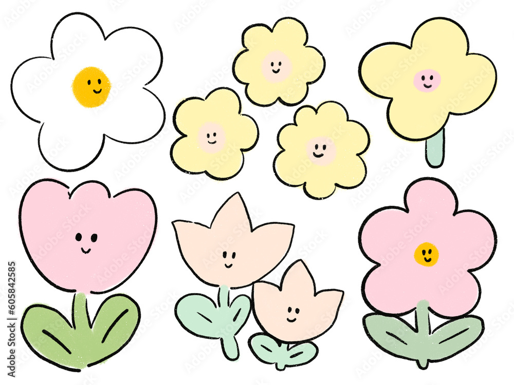 Fototapeta premium Doodle cute flower pastel color character kawaii for sticker, invitation, planner,