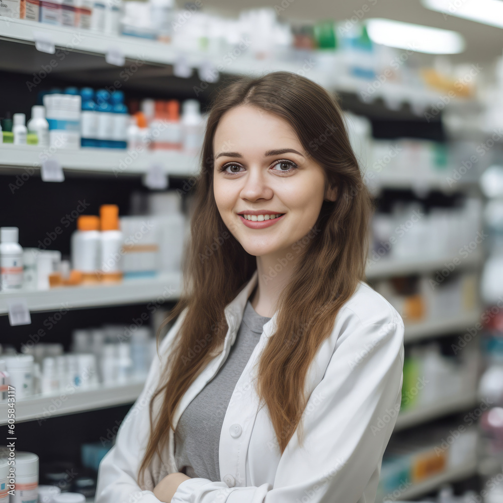 Female pharmacist in a drug store - made with Generative AI tools