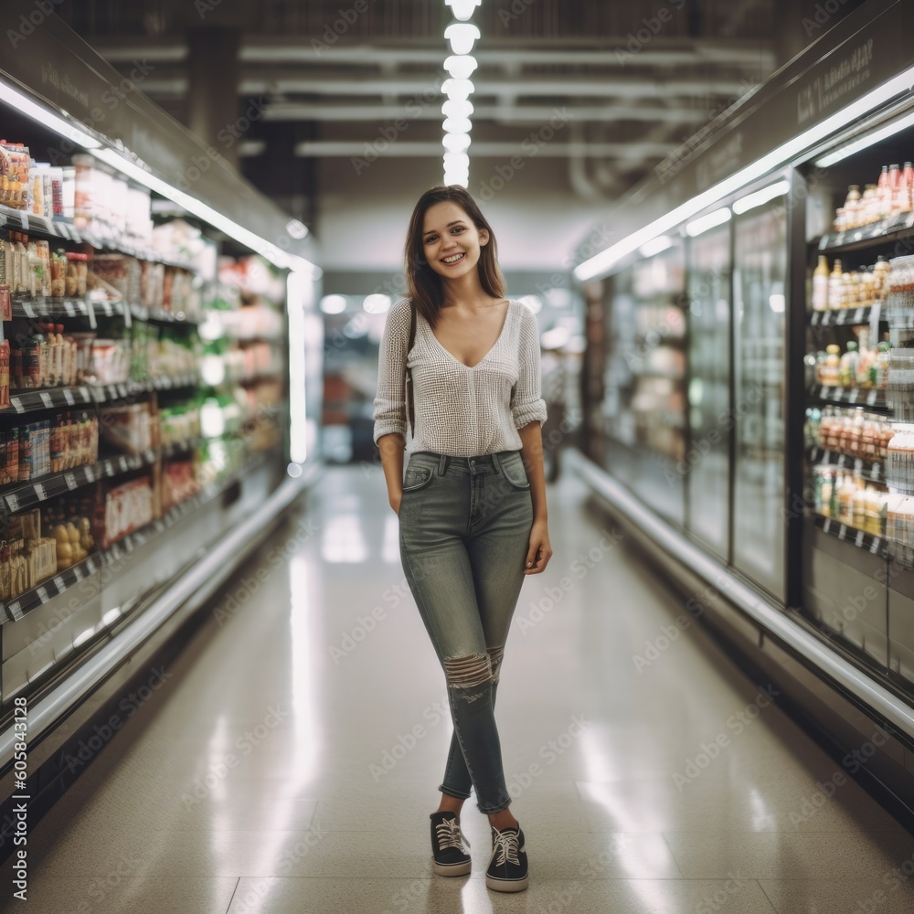 Young confident woman in a supermarket - made with Generative AI tools