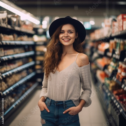 Young stylish woman in a grocery story - made with Generative AI tools