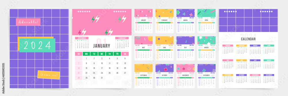 2024 Kids Calendar Design: Bright, Creative, and Colorful Templates for Monthly and Annual Planning. Sunday Start. Cute and Useful Planner for 2024 year. - obrazy, fototapety, plakaty 