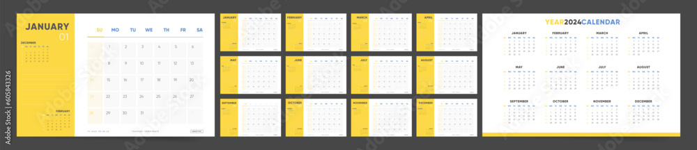Desk Calendar Templates for 2024. 12 Month Set in Modern Yellow Design. Desk Calendar Templates for 2024. 12 Month Set in Modern Yellow Design.