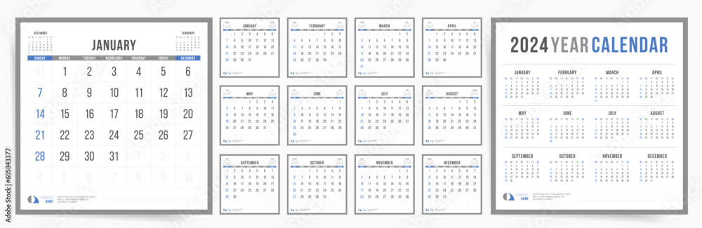 Minimal Square 2024 Calendar Design. 12 Month Pages Year Planner for Schedule Management. Vector 2024 Calendar Template. Minimal Square 2024 Calendar Design. 12 Month Pages Year Planner for Schedule Management. Vector 2024 Calendar Template.
