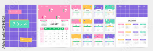 2024 Kids Calendar Design: Bright, Creative, and Colorful Templates for Monthly and Annual Planning. Sunday Start. Cute and Useful Planner for 2024 year.