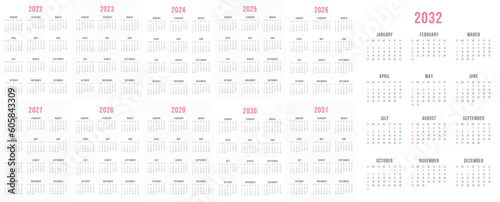 Classic 2024-2032 Calendar Designs. Modern Vector Templates for Desk, Wall One-Page Layouts. English Calendar with Sunday Start, Quarterly and Annual Views. Graphic Business Planner.
