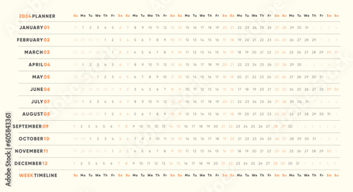 2024 Grid Calendar Planner: Vector Template for Monthly Schedule, Annual Planning, and Weekly Management. Ideal for Office, Work, Study, and Event Tracking. Classic Design 2024 Planner.