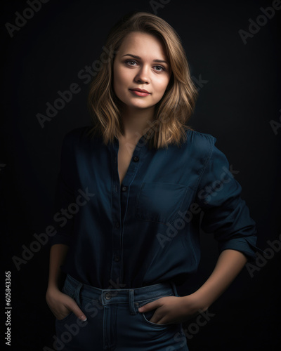 beautiful woman with short blonde hair against a dark studio background - made with Generative AI tools