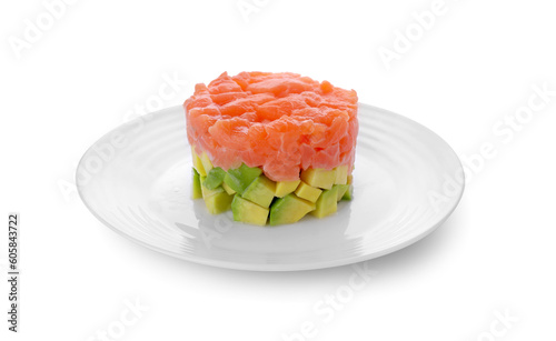 Fresh tasty salmon tartare with avocado isolated on white