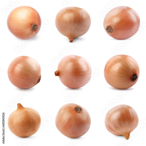 Collage with fresh unpeeled onion bulbs on white background