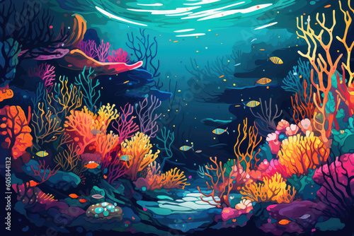 Coral Reef and Fish Graphic  Bold Lines and Vibrant Colors Background Created with Generative AI
