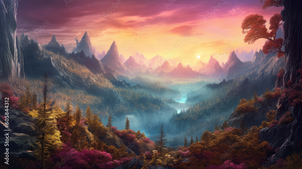 Impressionistic Oasis: Sun-Drenched Mountainous Forest 