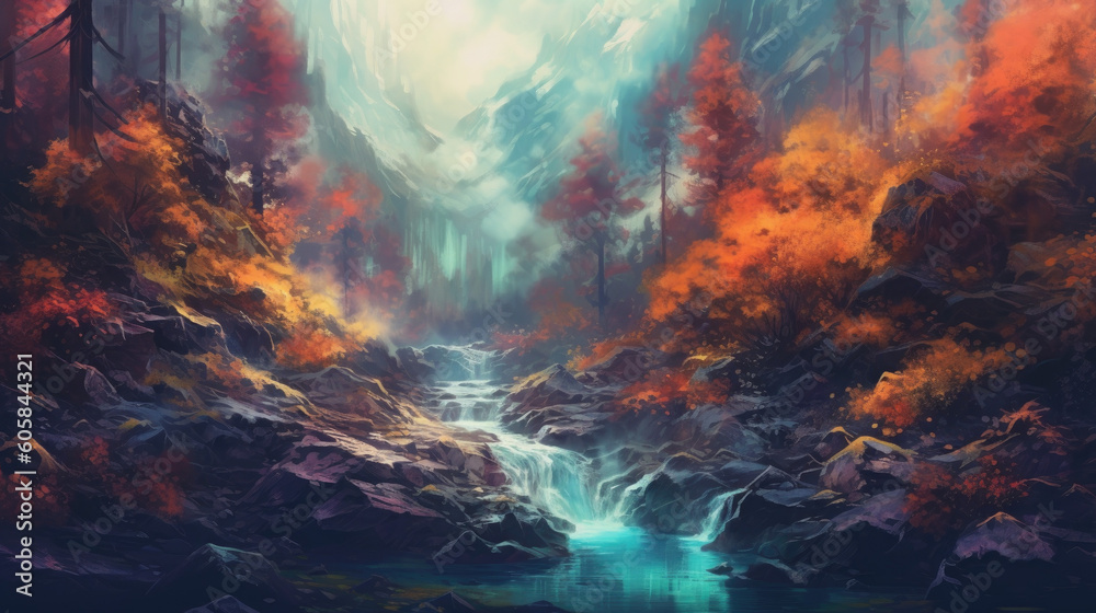 Impressionistic Oasis: Sun-Drenched Mountainous Forest Created with Generative AI	