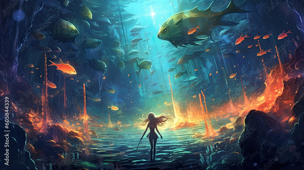 Fototapeta premium Enchanted Oceanic Realm: Fantasy Digital Illustration Created with Generative AI