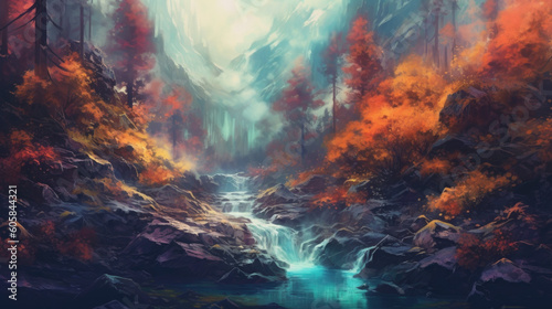 Impressionistic Oasis  Sun-Drenched Mountainous Forest Created with Generative AI 