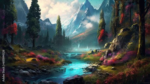 Impressionistic Oasis: Sun-Drenched Mountainous Forest Created with Generative AI 