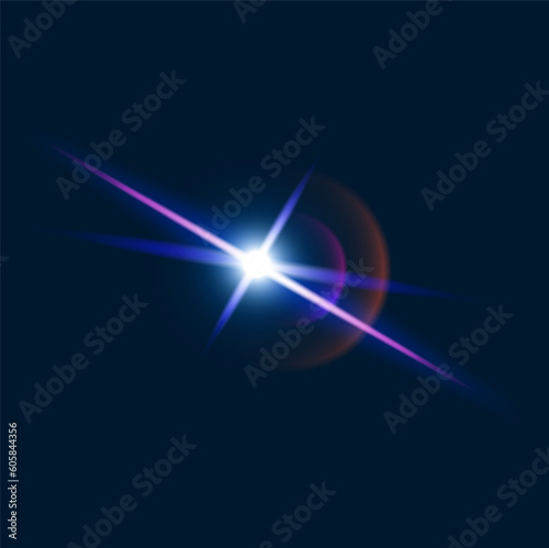 Light flare shine, flash glow and sparkle effect of star burst, vector background. Sparkle flare, glitter glow and shiny sun or camera flash effect, sunlight or ray beam lens flare in blue dark sky