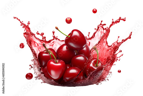 fresh ripe cherry with cherry juice splash isolated on transparent background photo