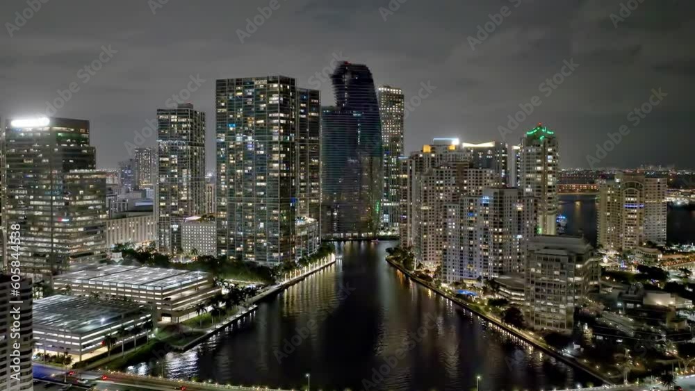 Aerial shot of the tall buildings downtown Miami Florida at night Aerial shot of the tall buildings downtown Miami Florida at night