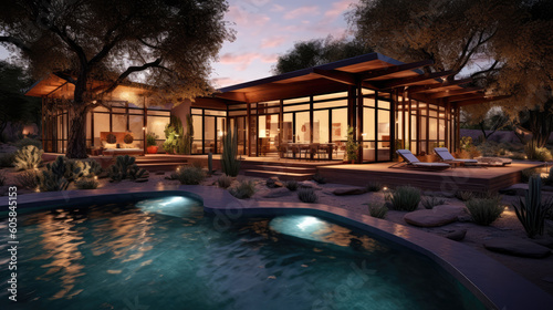 Backyard of modern home in the Southwestern United States with desert landscaping and swimming pool by generative AI © Gary