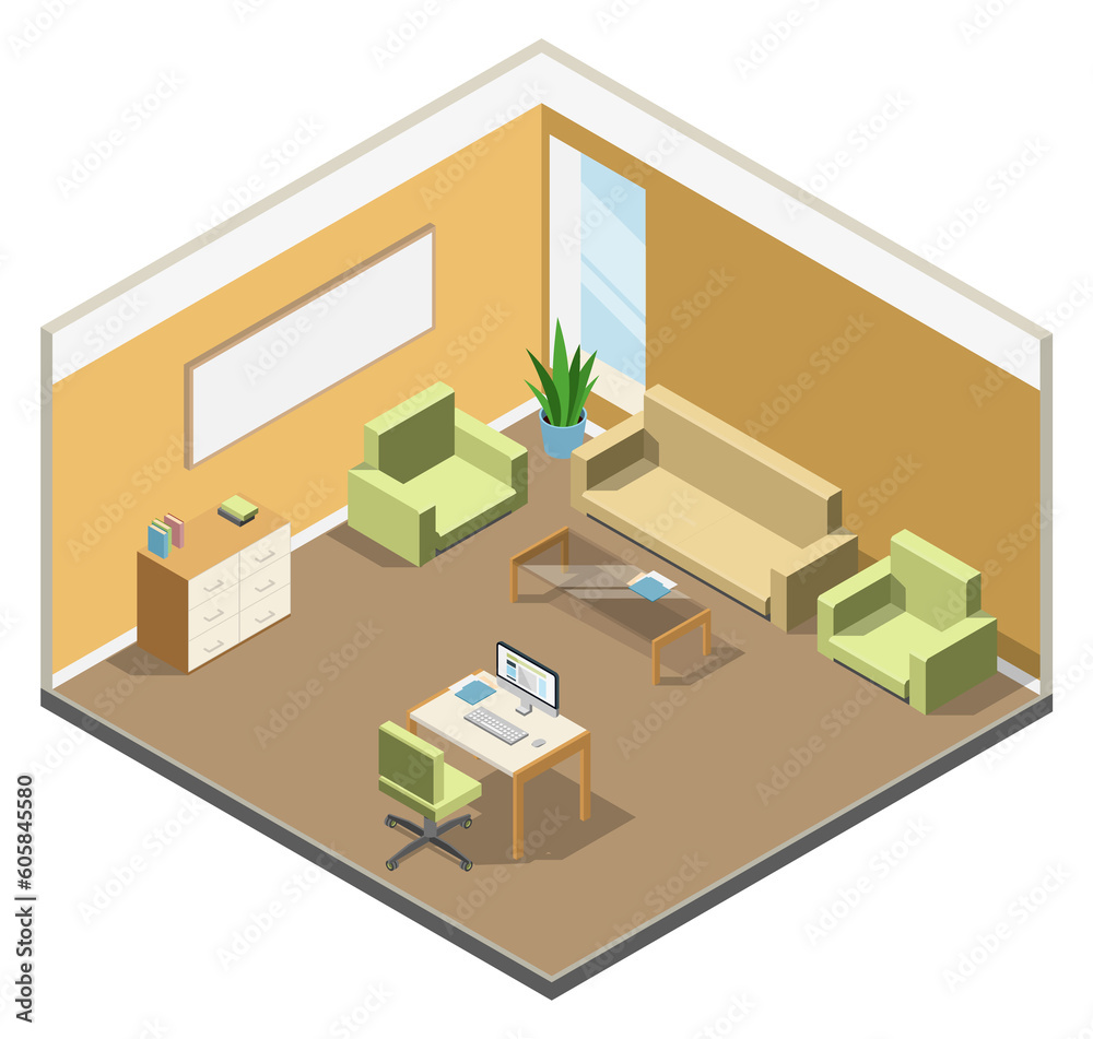 Business interior. Isometric office room. Corporate workplace