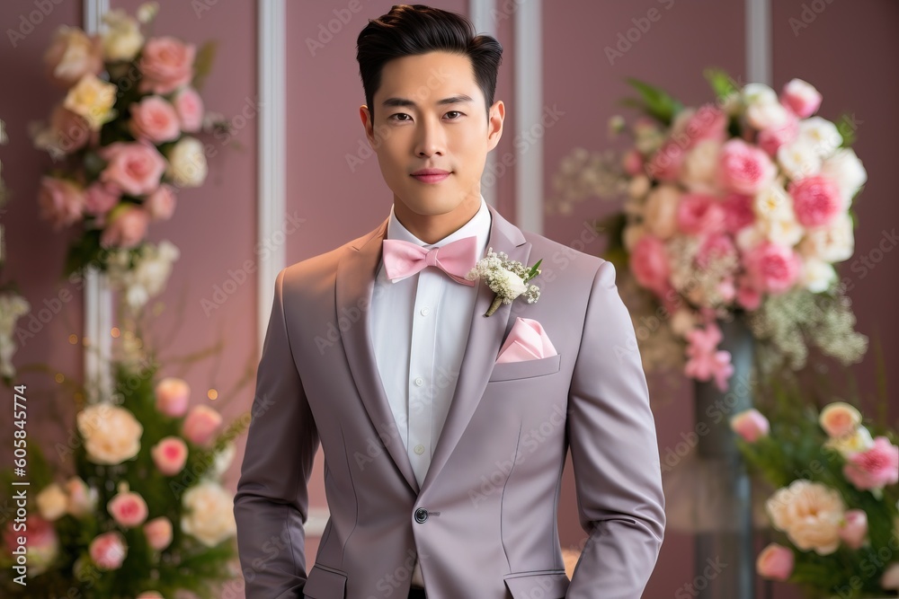 Portrait asian groom standing confident AI Generative