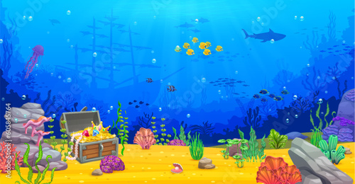 Game level, underwater landscape with pirates treasure chest, sunken ship, sea animals silhouettes and tropical seaweeds. Cartoon vector ocean world background with shipwreck boat and loot trunk