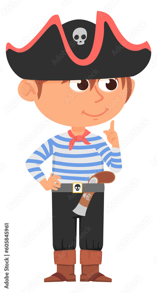 Pirate captain kid. Cartoon boy in party costume Pirate captain kid. Cartoon boy in party costume