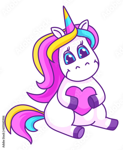 Unicorn hold heart. Romantic character. Cute fairytale horse