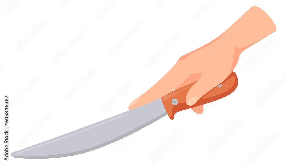 Hand with knife cutting. Chopping food cartoon icon Hand with knife cutting. Chopping food cartoon icon