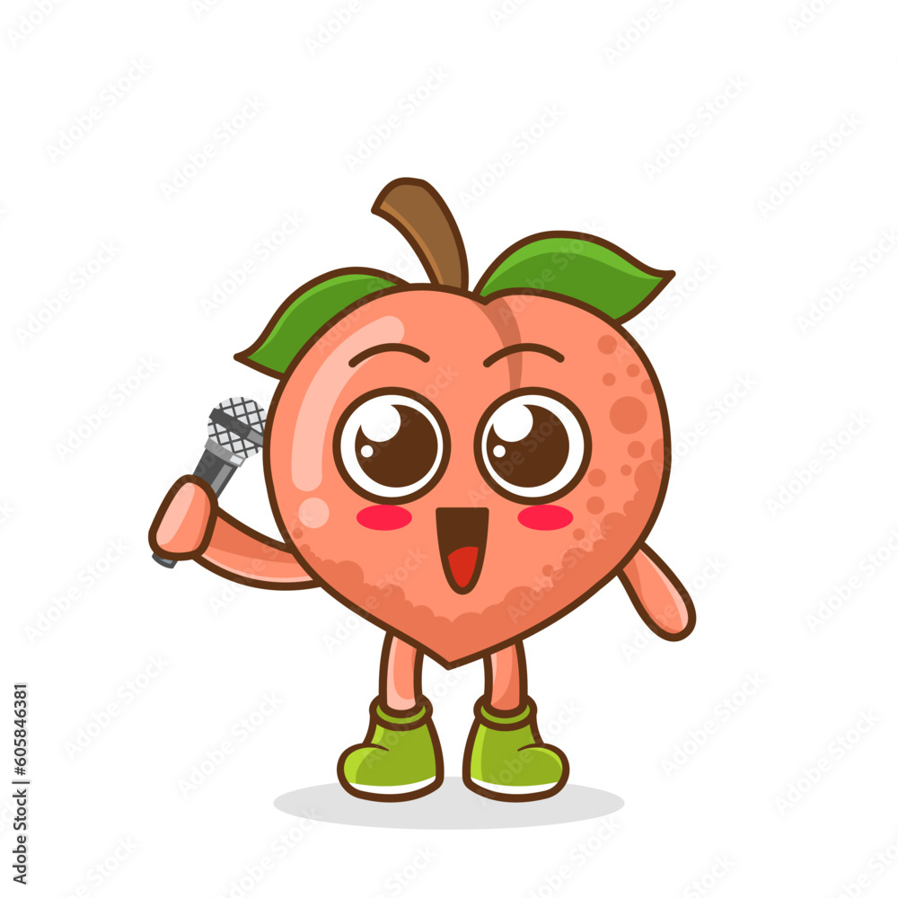 Cute cartoon peach fruit singer character holding mic Cute cartoon peach fruit singer character holding mic