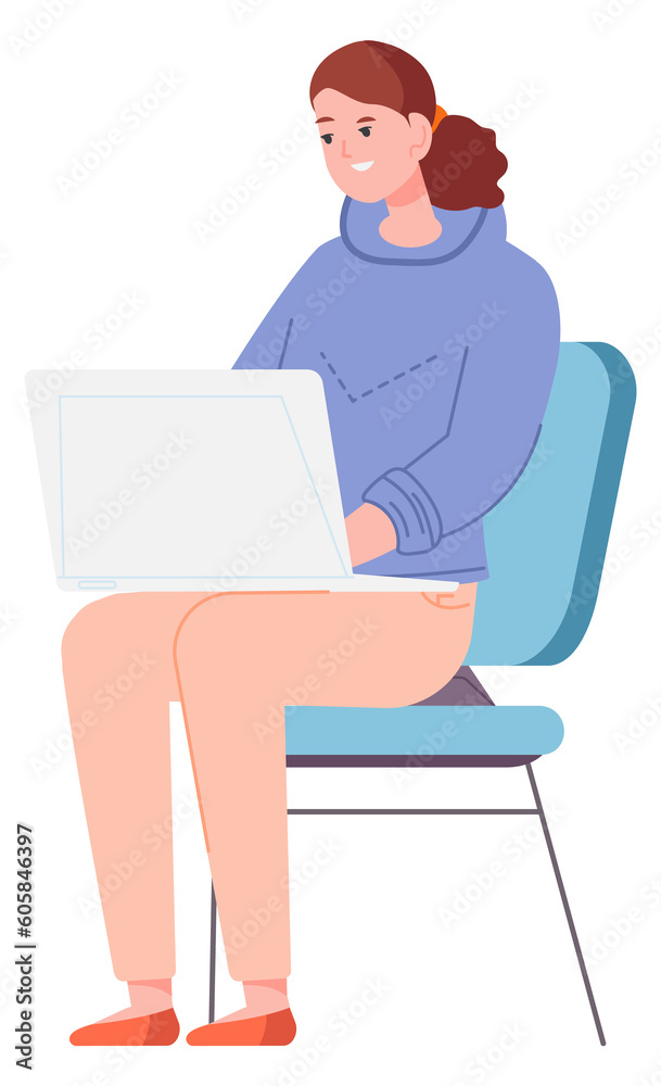 Young woman with laptop sit on chair. Happy female person