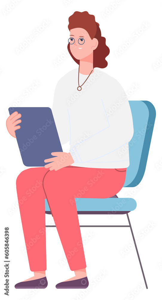 Female student sit on chair with tablet. Young woman character