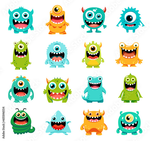 Cartoon monster characters, cute funny alien animals with cyclops eye, kids vector emoji. Little creatures or comic mutant mascots with smile and happy face, devil trolls or silly goblins and gremlins