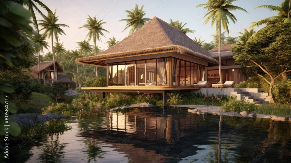Portrait beautiful view of the villa with trees AI Generative Portrait beautiful view of the villa with trees AI Generative