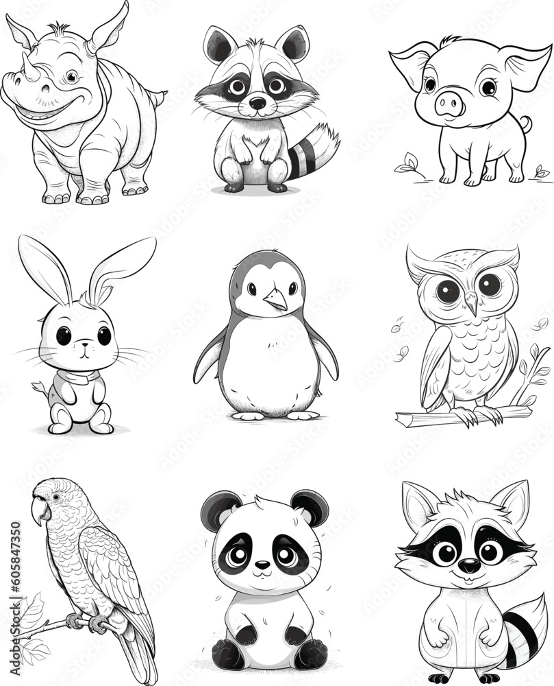Fototapeta premium animal character. set of animals. vector illustration. line drawing.