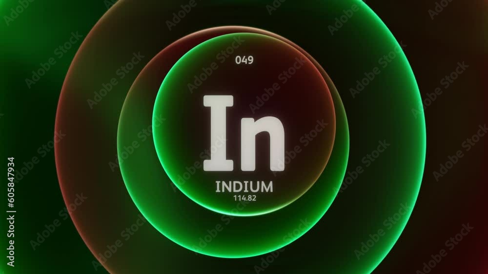 Indium as Element 49 of the Periodic Table. Concept animation on abstract green red gradient rings seamless loop background. Title design for science content and infographic showcase backdrop. Indium as Element 49 of the Periodic Table. Concept animation on abstract green red gradient rings seamless loop background. Title design for science content and infographic showcase backdrop.