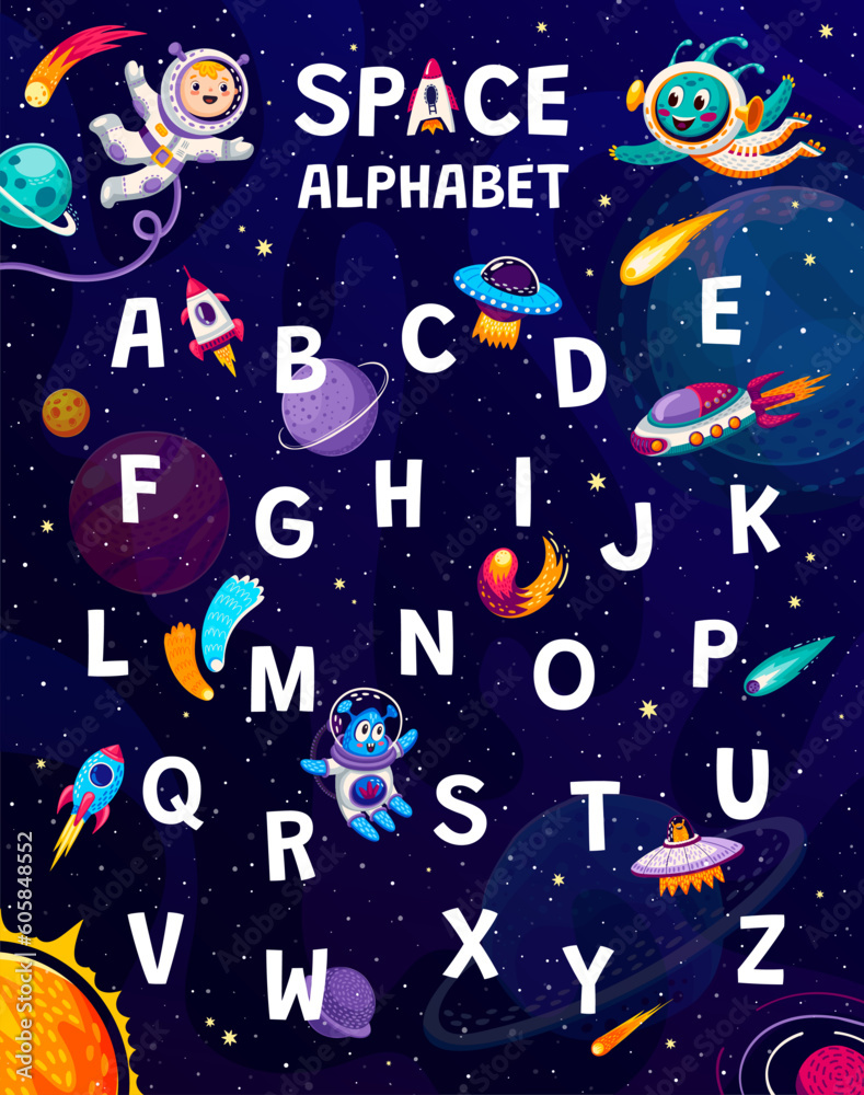 Fototapeta premium Cartoon space alphabet. English ABC letters, latin alphabet vector typography typeset with cute alien child and human funny kid astronaut characters, UFO saucer and rocket, space planets and comets
