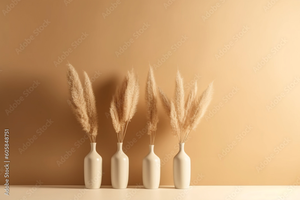 Dried Pampas Grass in Vases on Beige Background, soft shadow, soft light, minimal style, blank space, Canva, copy space