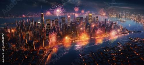 Fireworks celebration in aerial view lansdscape, Generative Ai photo