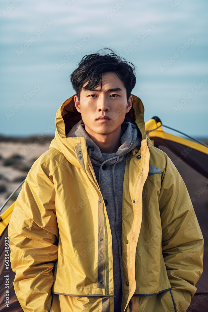 A man standing in front of a tent. Generative AI. Young Asian, oriental male model in sports clothes. A man standing in front of a tent. Generative AI. Young Asian, oriental male model in sports clothes.
