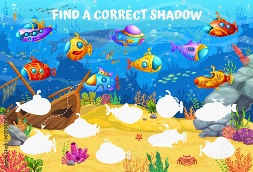 Cartoon underwater landscape with submarine and bathyscaphe. Find a correct shadows kids game quiz. Vector puzzle worksheet of matching underwater ship and boat silhouettes, sea water fish, animals