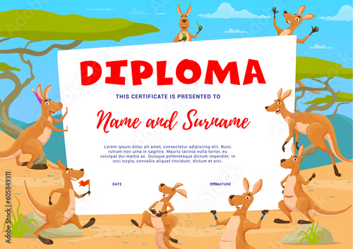Kids diploma. Cartoon happy kangaroo characters. School graduation diploma, child achievement vector award or appreciation certificate with happy smiling kangaroo, australian animal personages