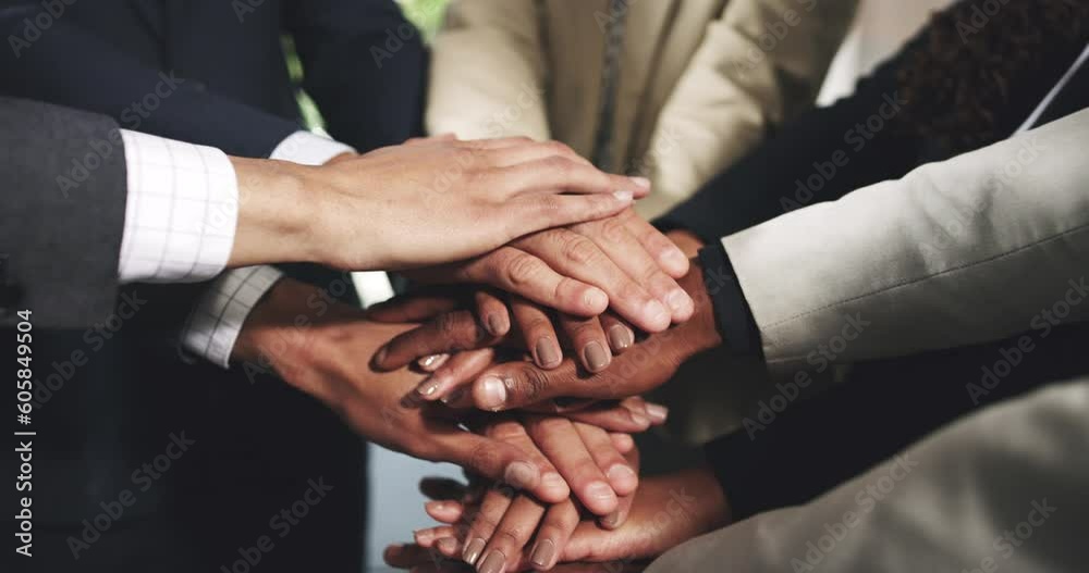 Teamwork, collaboration and hands stack of business people for trust, mission and company goals. Diversity, community and men and women celebrate in office for support, partnership or meeting success Teamwork, collaboration and hands stack of business people for trust, mission and company goals. Diversity, community and men and women celebrate in office for support, partnership or meeting success