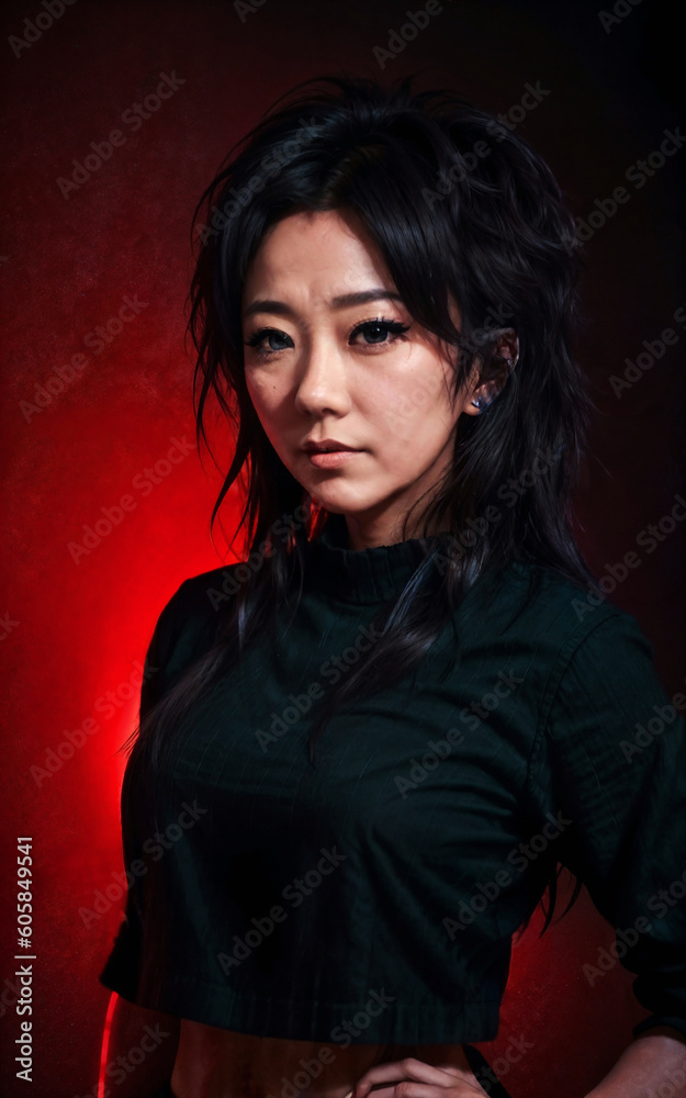 middle aged asian woman with black background and light , generative AI