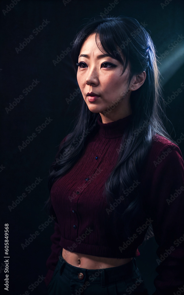 middle aged asian woman with black background and light , generative AI