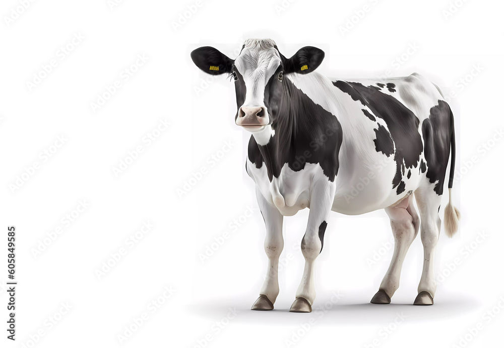 Cow on a white background. White cow with black spots. Banner. Generative AI