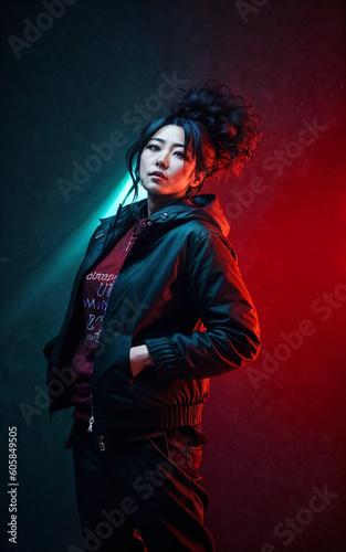middle aged asian woman with black background and light , generative AI