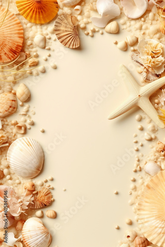 Flat lay sea shells, beach sand, rocks, summer accessories on yellow beige background, sea, top angle, copy space, Canva