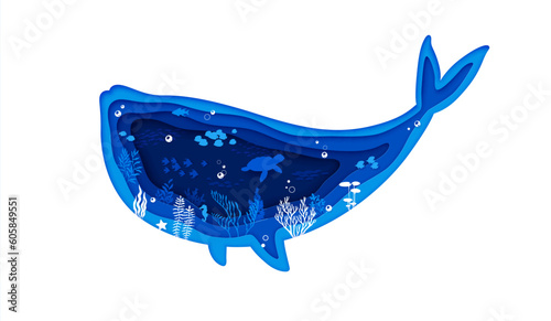 Sea whale silhouette and underwater paper cut landscape. Underwater deep life, or aquatic bottom 3d vector background. Ocean wildlife papercut concept with whale, turtle and fishes, algae silhouettes