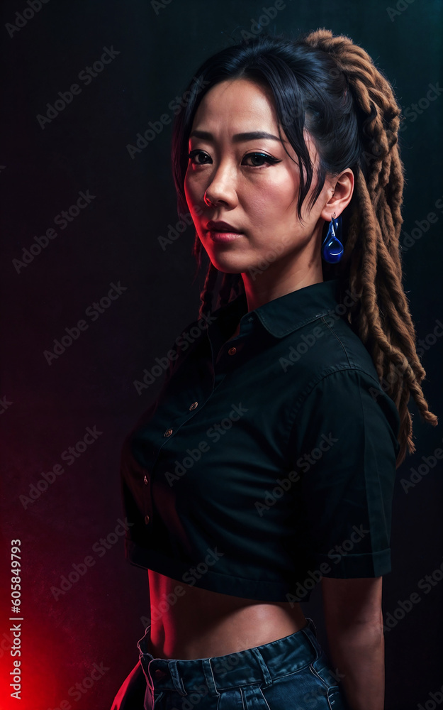 middle aged asian woman with black background and light , generative AI